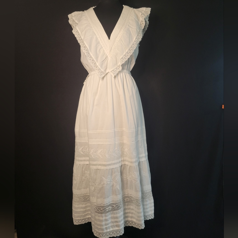 St.Roche White Double V-Neck Embroidered Ruffled & Lace Trim Maxi Dress